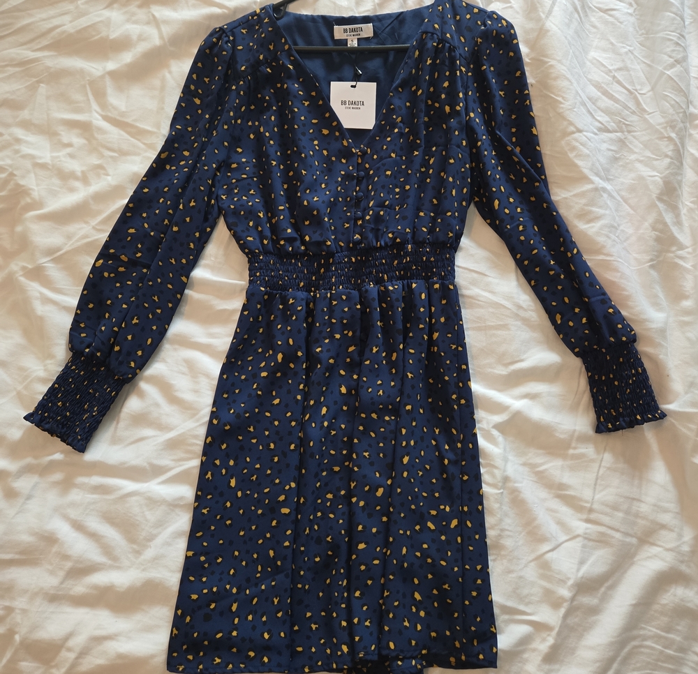 BB Dakota Navy Dress with Gold Print, Long Sleeves